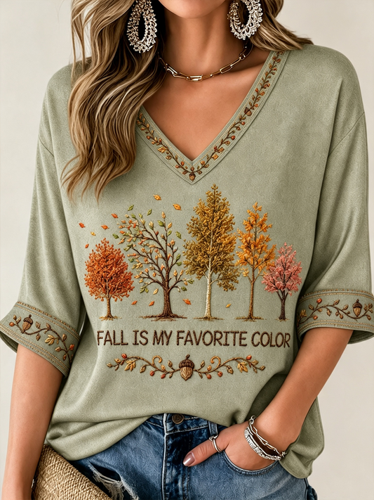 Damen-Herbst-T-Shirt in meinem Lieblingsfarbe, mittellange Ärmel, V-Ausschnitt