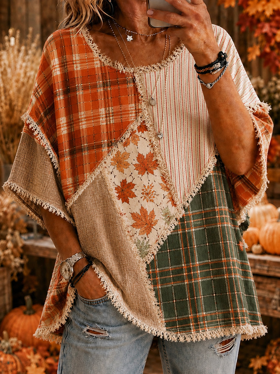 Damen-Herbst-Thanksgiving-Plaid-Laufblätter-bedrucktes Freizeit-Oberteil
