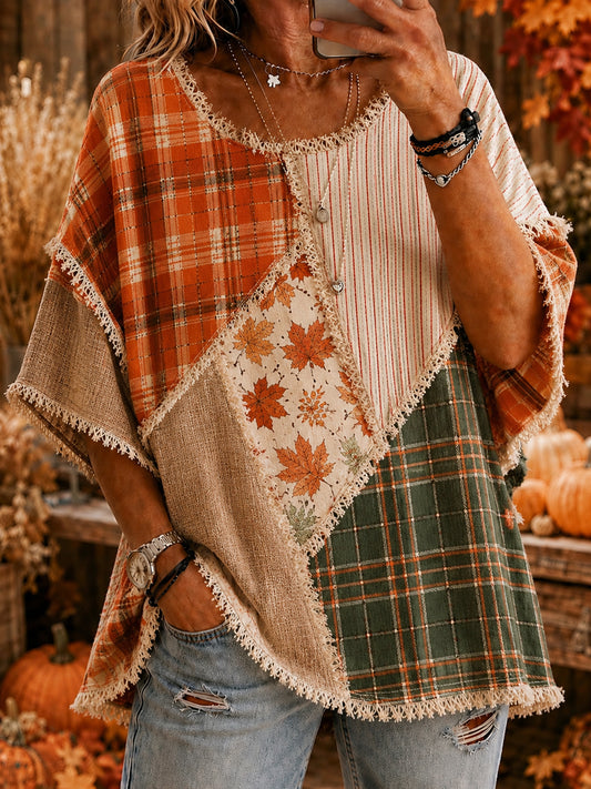 Damen-Herbst-Thanksgiving-Plaid-Laufblätter-bedrucktes Freizeit-Oberteil
