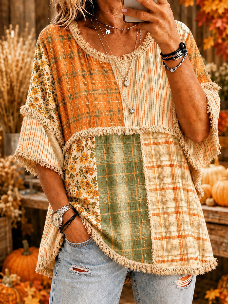 Damen-Herbst-Thanksgiving-Plaid-Oberteil mit Blumenmuster, lässig