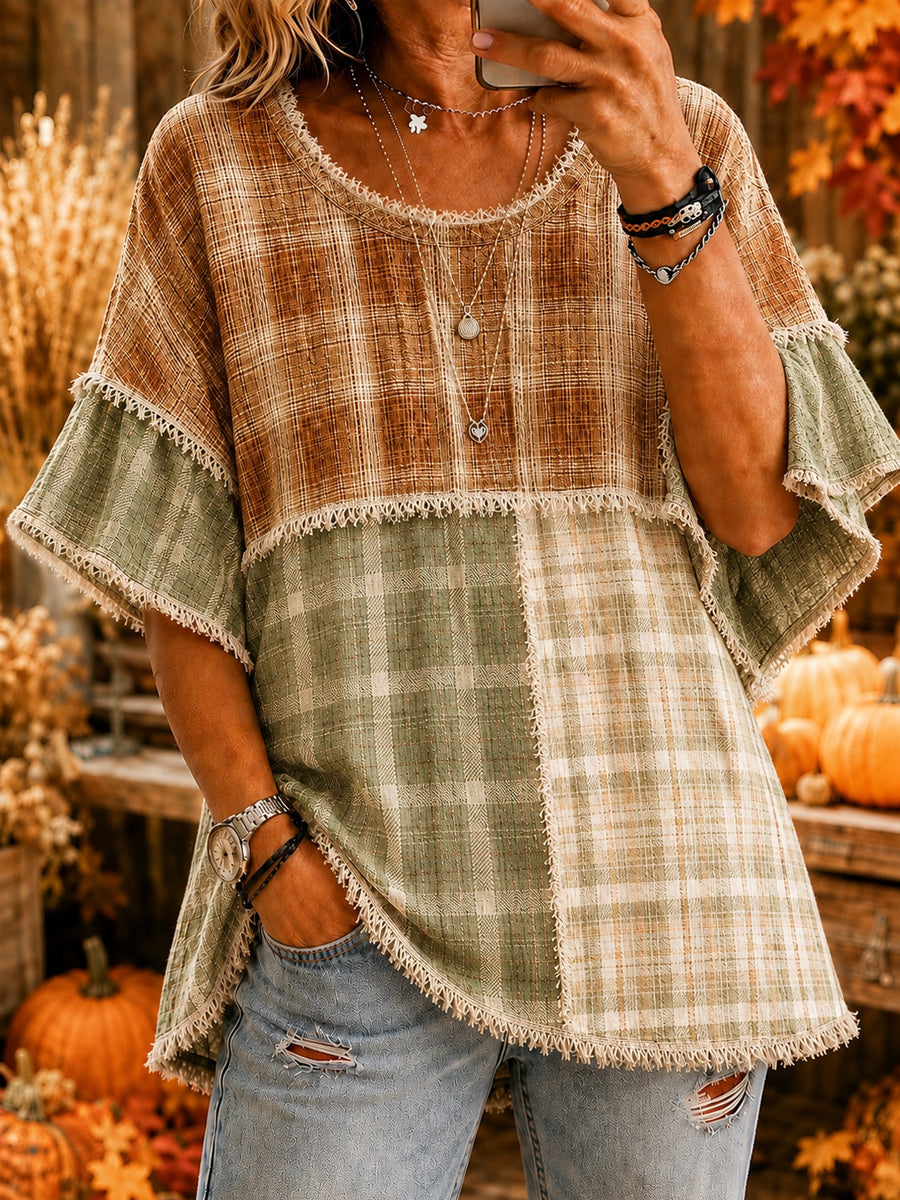 Damen-Herbst-Thanksgiving-Karo-Druck-Lässiges Oberteil