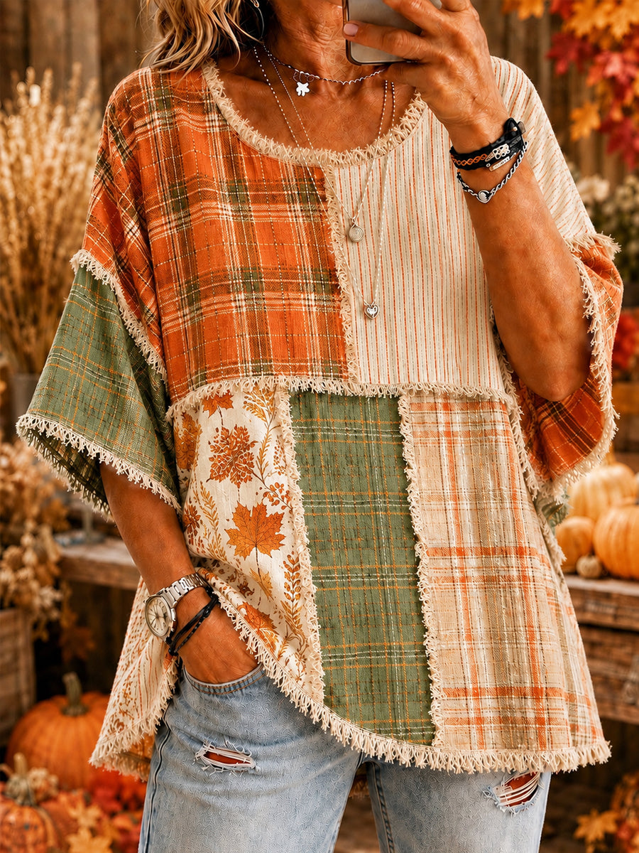 Damen-Herbst-Thanksgiving-Plaid-Laufblätter-bedrucktes Freizeit-Oberteil