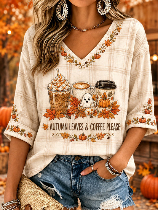 Damen herbst blätter & Kaffee Bitte drucken Sie lässig V-Ausschnitt T-Shirt