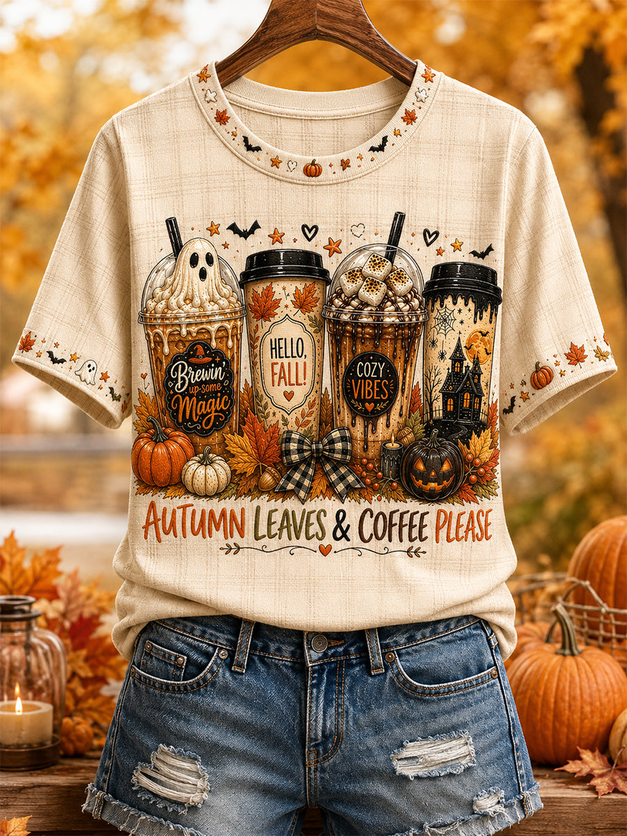 Frauen-T-Shirt mit Herbstlaub- und Kaffee-Motiv, lässiger Druck