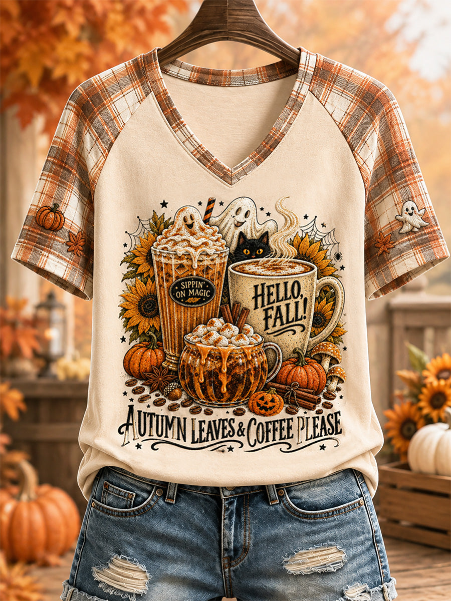 Damen-T-Shirt mit Herbstlaub- und Kaffee-Motiv, lässiger V-Ausschnitt, bedruckt