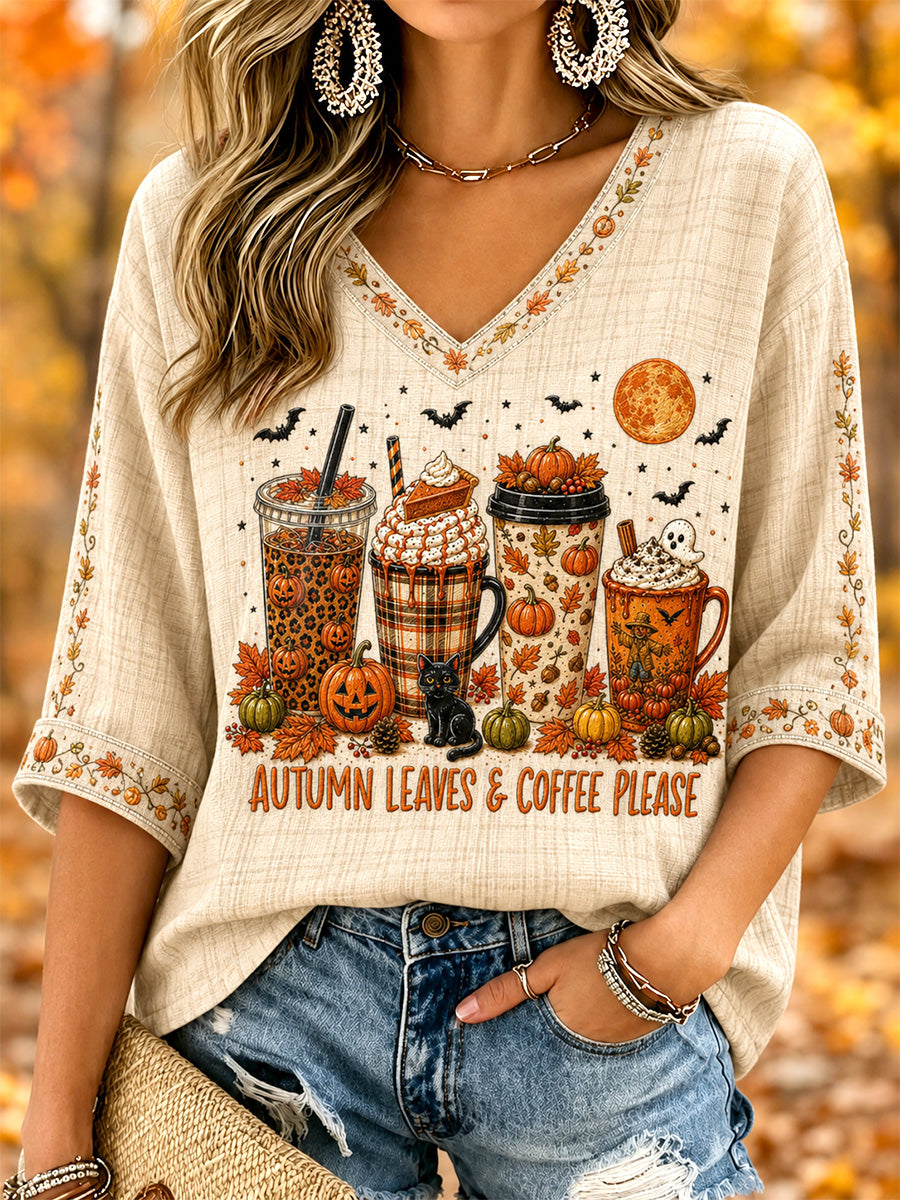 Damen-T-Shirt mit Herbstlaub- und Kaffee-Motiv, lässiger V-Ausschnitt, bedruckt