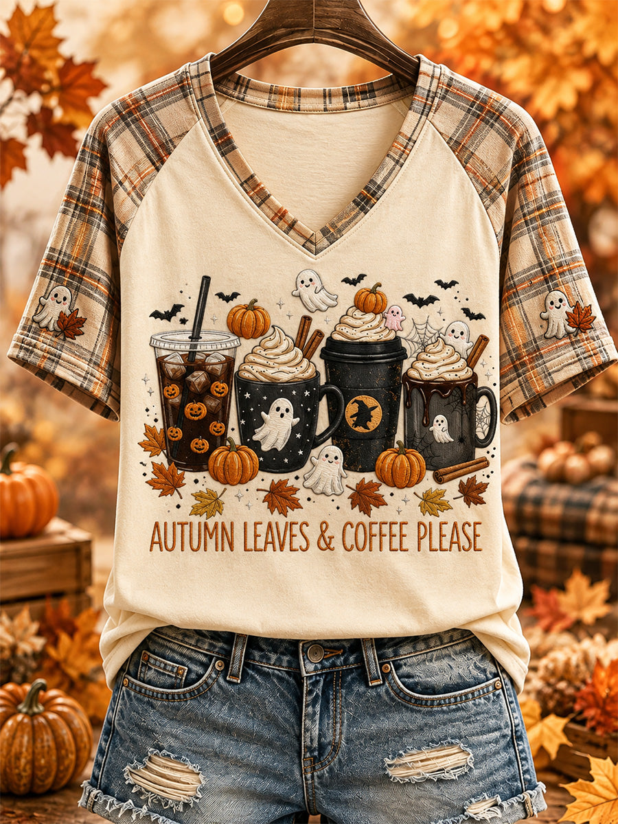 Damen-T-Shirt mit Herbstlaub- und Kaffee-Motiv, lässiger V-Ausschnitt, bedruckt