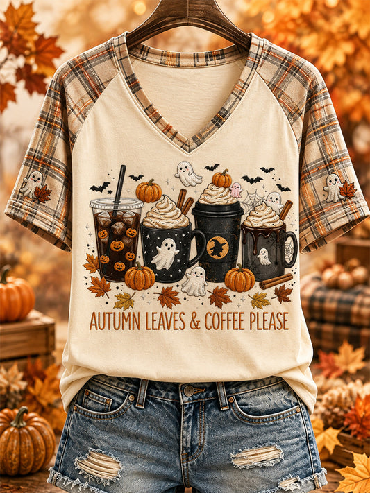Damen-T-Shirt mit Herbstlaub- und Kaffee-Motiv, lässiger V-Ausschnitt, bedruckt
