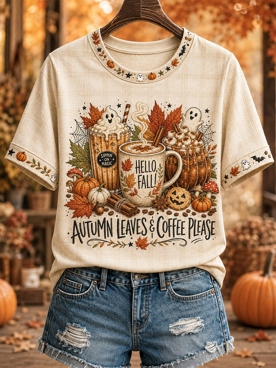 Frauen-T-Shirt mit Herbstlaub- und Kaffee-Motiv, lässiger Druck