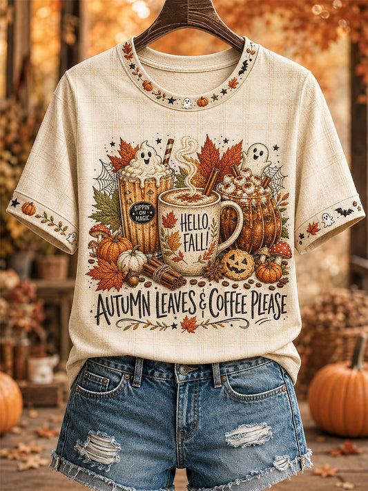Frauen-T-Shirt mit Herbstlaub- und Kaffee-Motiv, lässiger Druck