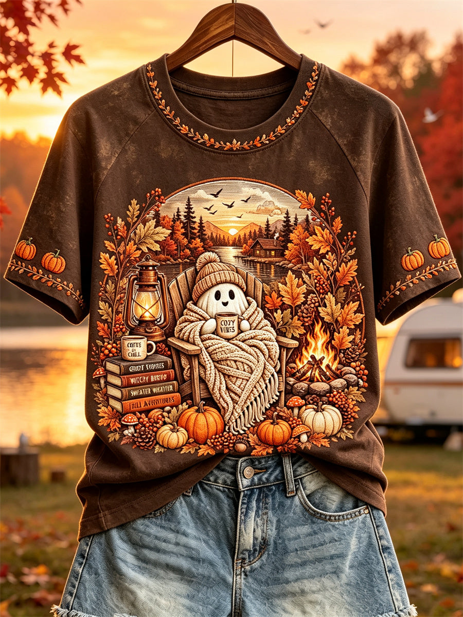 Kuschelige Halloween-Geister-Style-Frauen-T-Shirt für den Herbst mit Camping-Print und kurzen Ärmeln