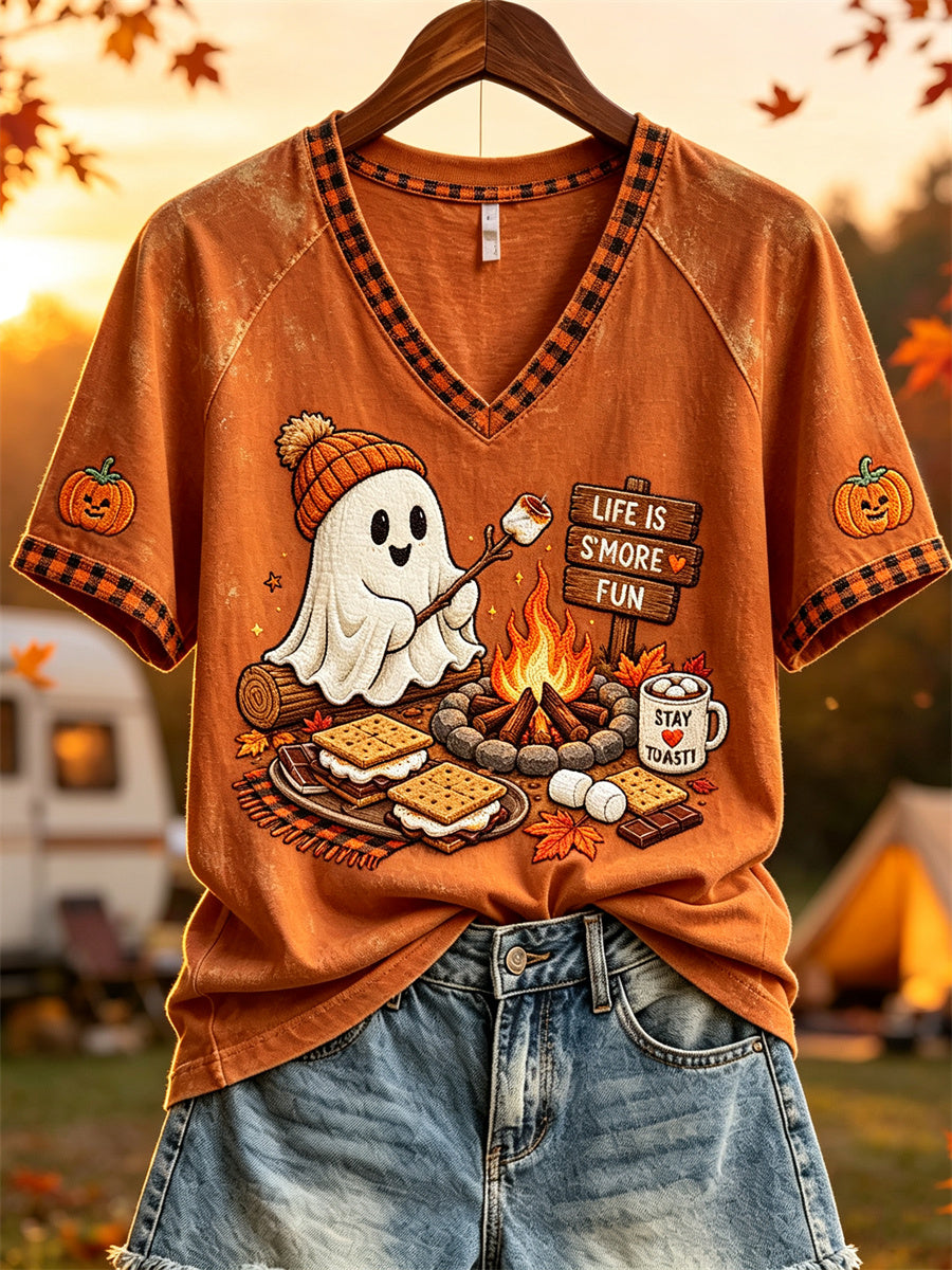 Damen-T-Shirt mit kurzem Ärmel und Herbst-/Camping-/Halloween-Gespenster-Print – So macht das Leben noch mehr Spaß!