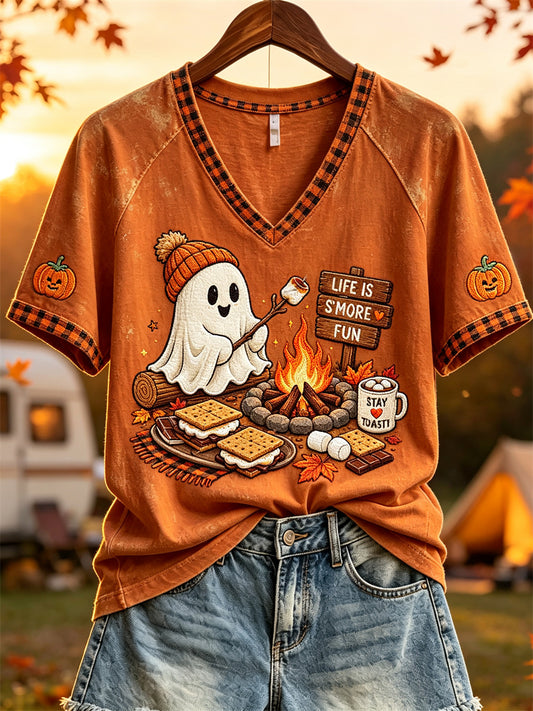 Damen-T-Shirt mit kurzem Ärmel und Herbst-/Camping-/Halloween-Gespenster-Print – So macht das Leben noch mehr Spaß!