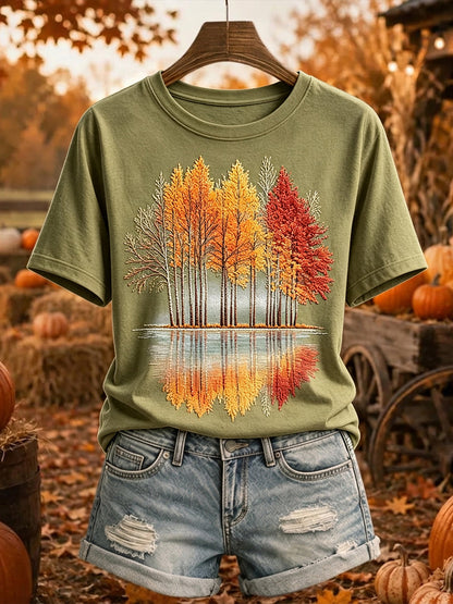 Damen Vintage Herbst bäume drucken gemütliches Kurzarm-T-Shirt