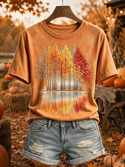 Damen Vintage Herbst bäume drucken gemütliches Kurzarm-T-Shirt