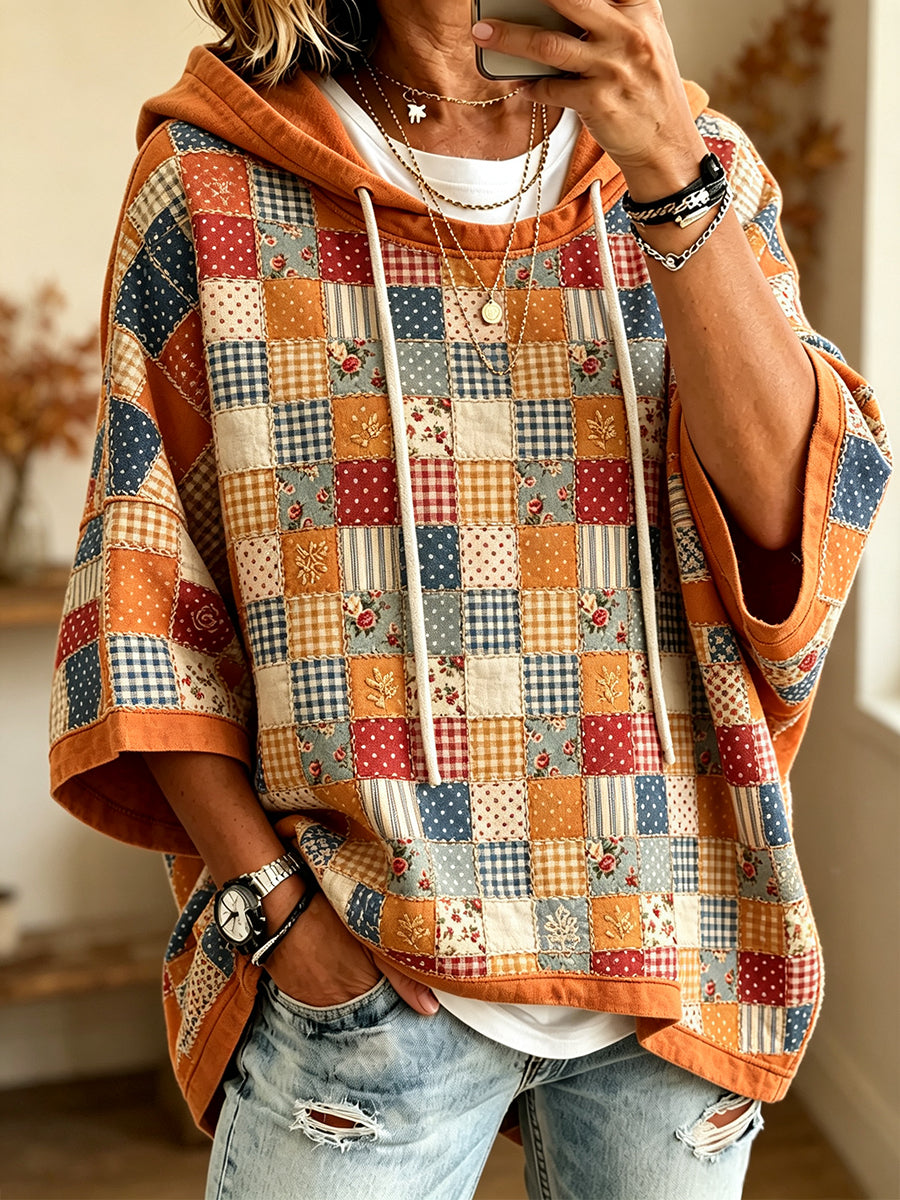 Damen Vintage Floral Patchwork Print Gemütlicher Kurzarm Hoodie