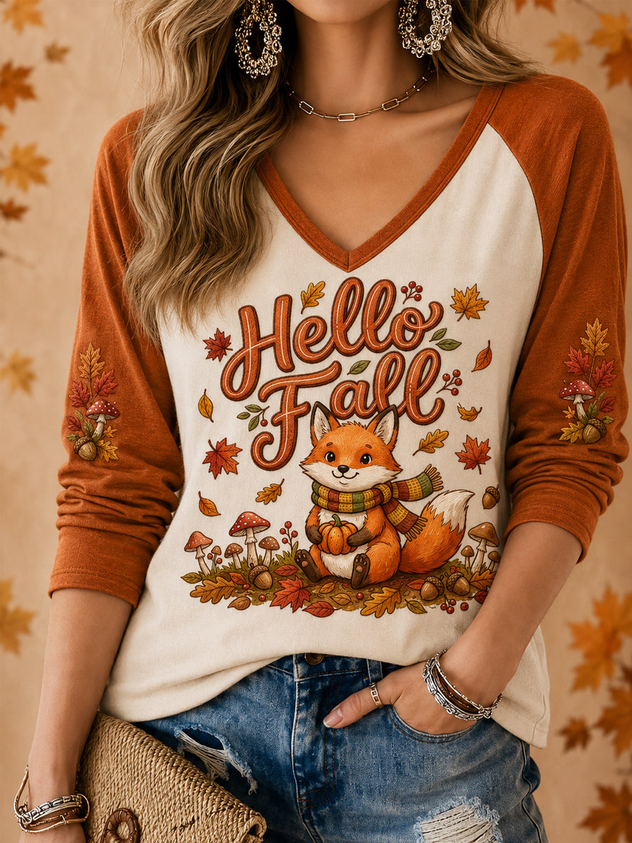 Damen-Hello Herbst Niedliches Freizeit-T-Shirt mit Fuchsdruck und langen Ärmeln