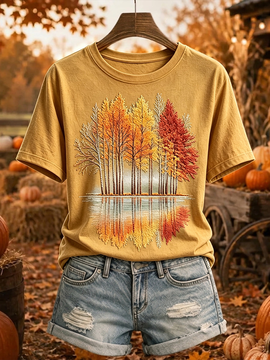 Damen Vintage Herbst bäume drucken gemütliches Kurzarm-T-Shirt