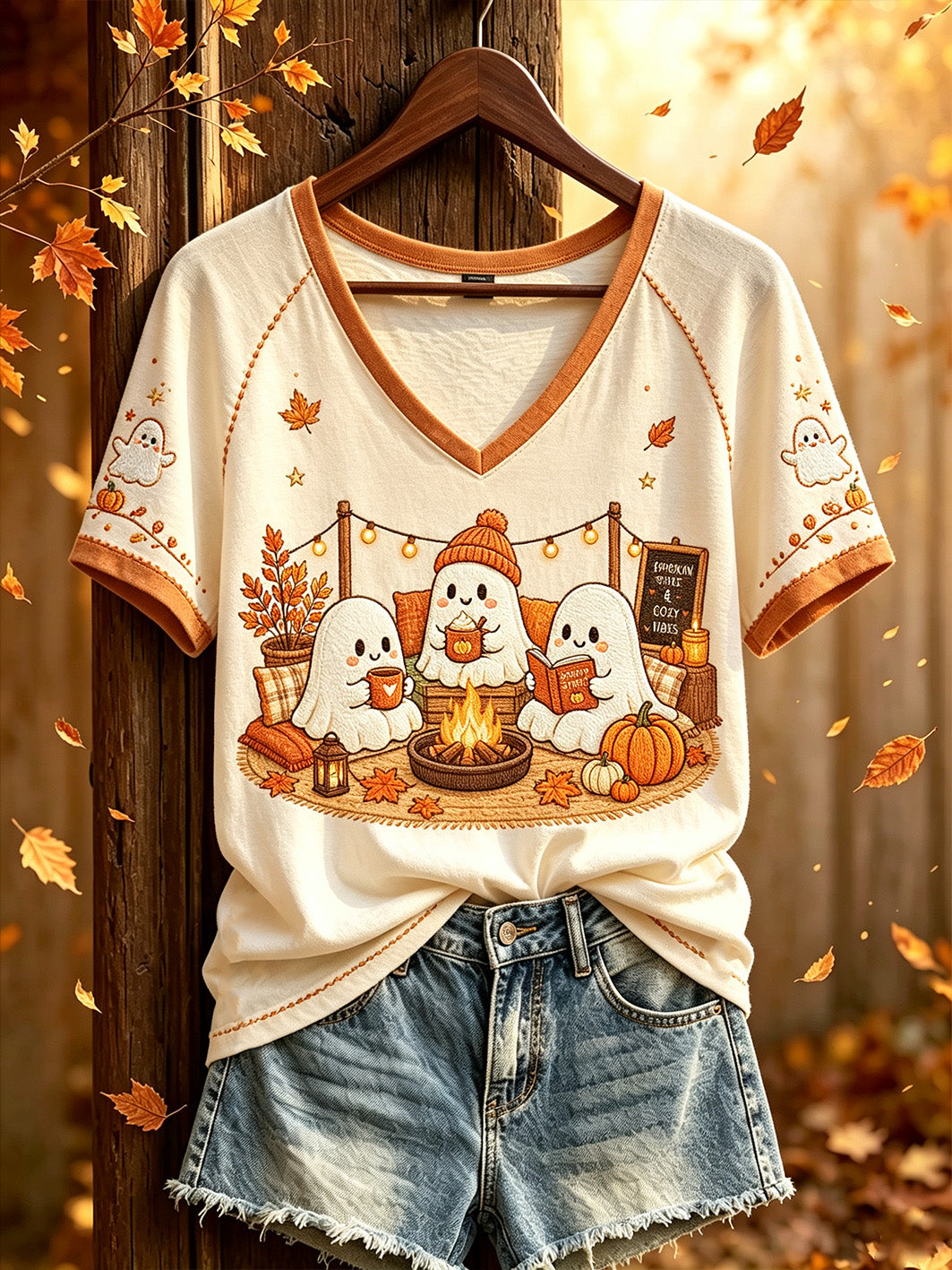 Damen-T-Shirt mit niedlichem Geister-Camping-Muster, lässig, kurzärmlig