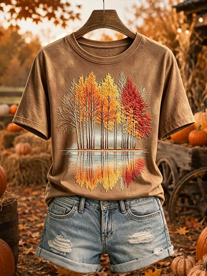 Damen Vintage Herbst bäume drucken gemütliches Kurzarm-T-Shirt