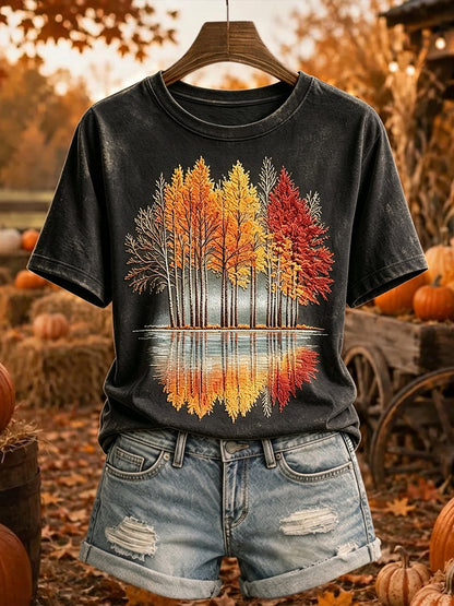 Damen Vintage Herbst bäume drucken gemütliches Kurzarm-T-Shirt