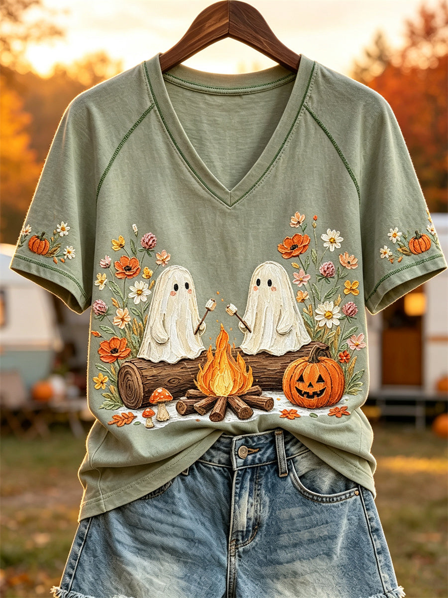 Damen-Halloween-Geister-Herbst-Camping-Floralprint-T-Shirt mit kurzen Ärmeln
