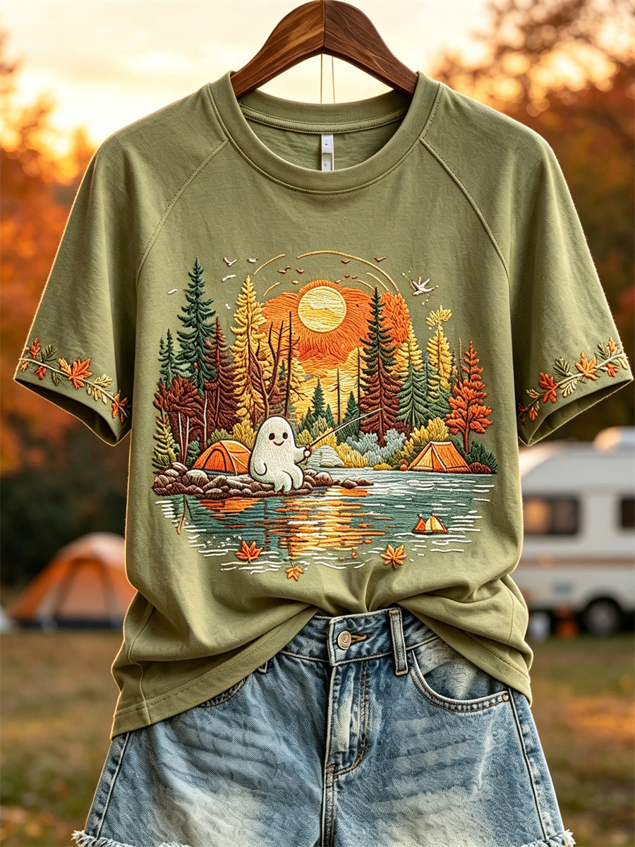 Damen-Halloween-Geister-Motiv Herbst-Camping-Wald-Print Kurzarm-T-Shirt