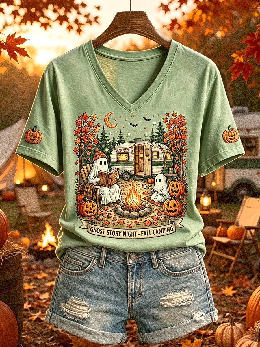 Frauen-Halloween-Geist-Camping-Print-T-Shirt mit kurzen Ärmeln