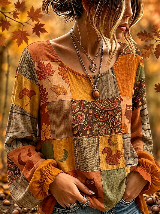 Damen-Vintage-Herbst-Patchwork-Print-Hemd aus Baumwolle