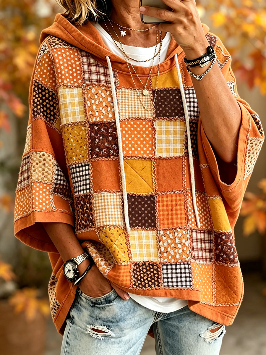 Damen Retro-Herbst-Patchwork-Print Gemütlicher Kurzarm-Hoodie