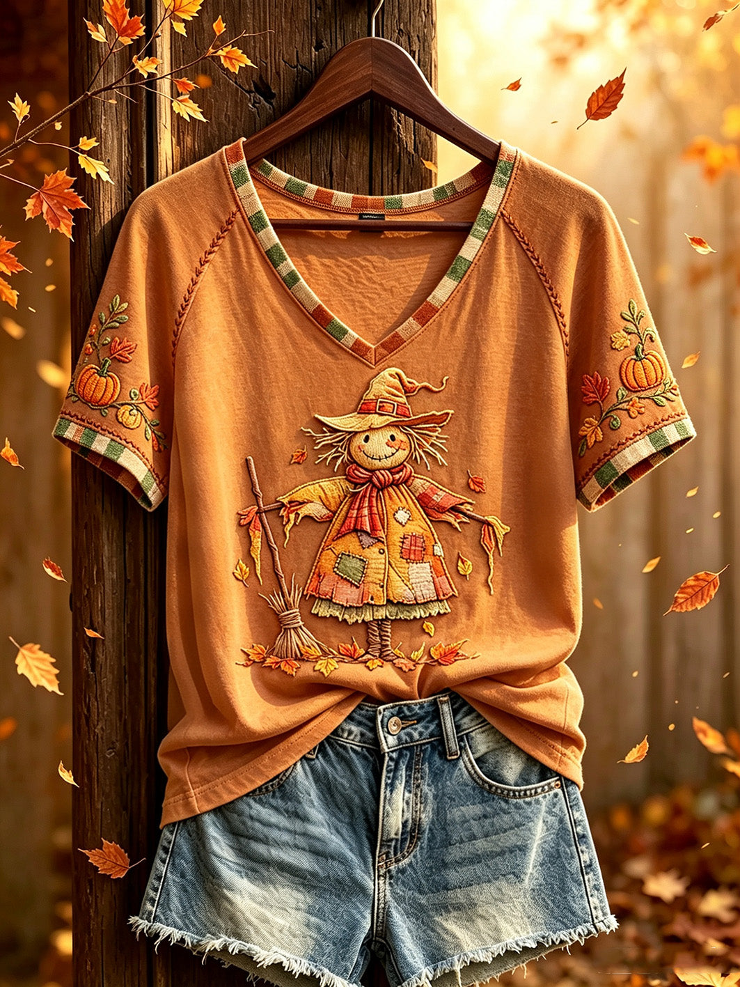 Damen Herbst niedliches Stroh Mann Muster gedruckt lässig Kurzarm T-Shirt