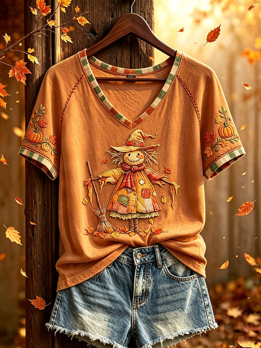 Damen Herbst niedliches Stroh Mann Muster gedruckt lässig Kurzarm T-Shirt