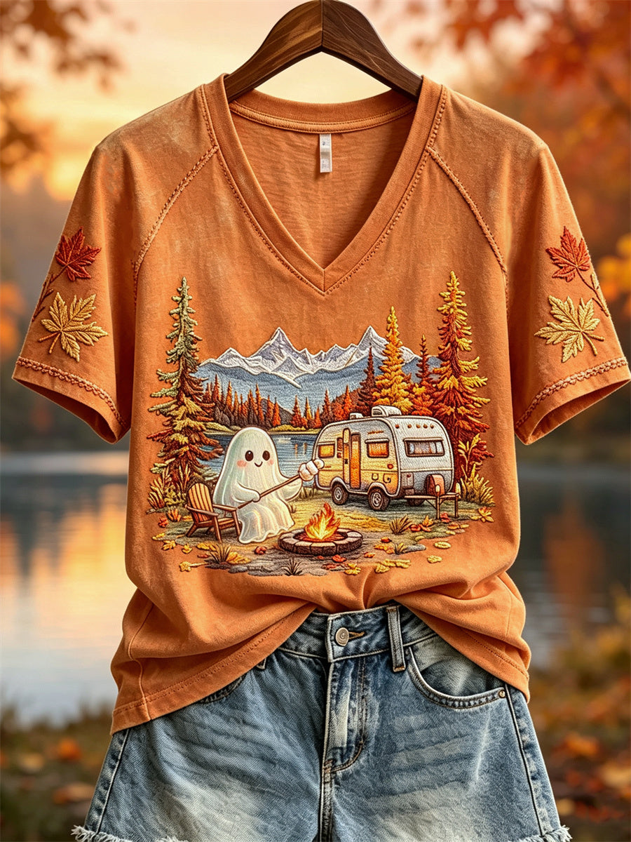 Damen-Halloween-Geister-Motiv mit Wohnmobil und Herbstlandschaft – Kurzarm-T-Shirt