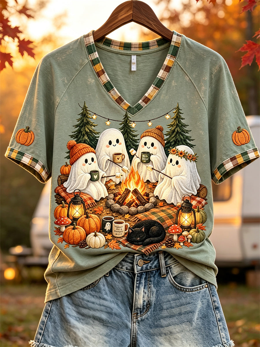Damen-Halloween-Geister-Kuscheliger Herbst-Camping-Druck Kurzarm-T-Shirt