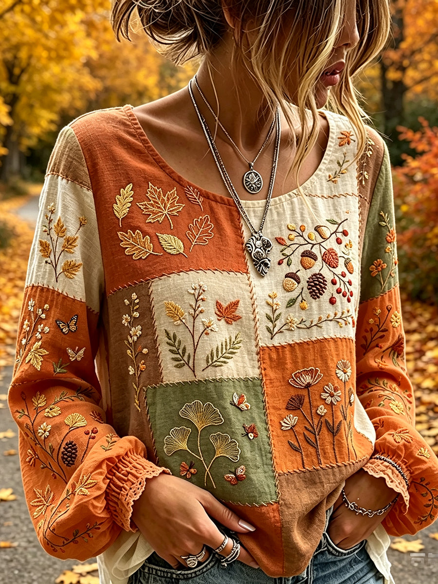 Damen Edles Herbst kunst Farb block druck Baumwoll-Leinen hemd