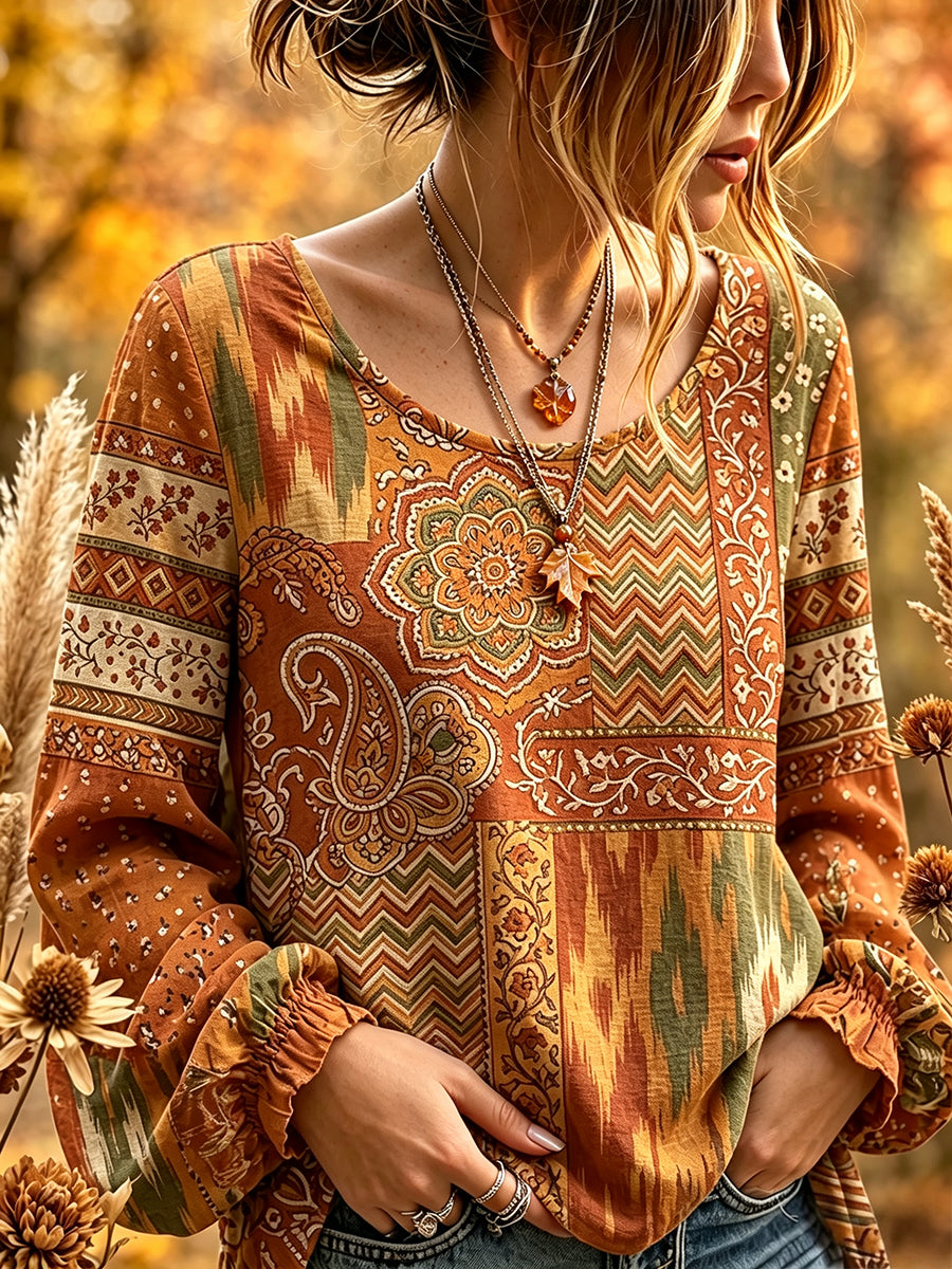 Frauen Vintage Herbst Ethnische Patchwork Print Baumwoll-Leinen hemd