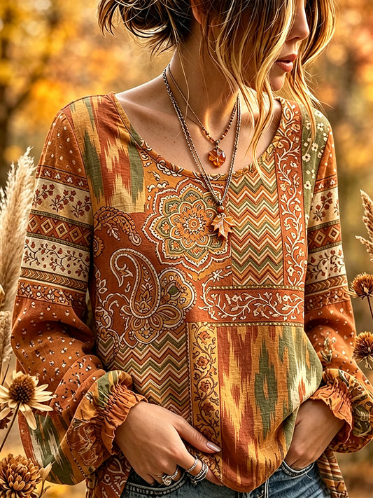 Frauen Vintage Herbst Ethnische Patchwork Print Baumwoll-Leinen hemd