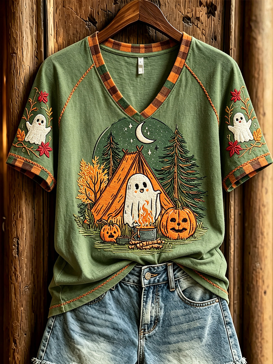 Damen-T-Shirt mit niedlichem Geister-Camping-Muster, lässig, kurzärmlig