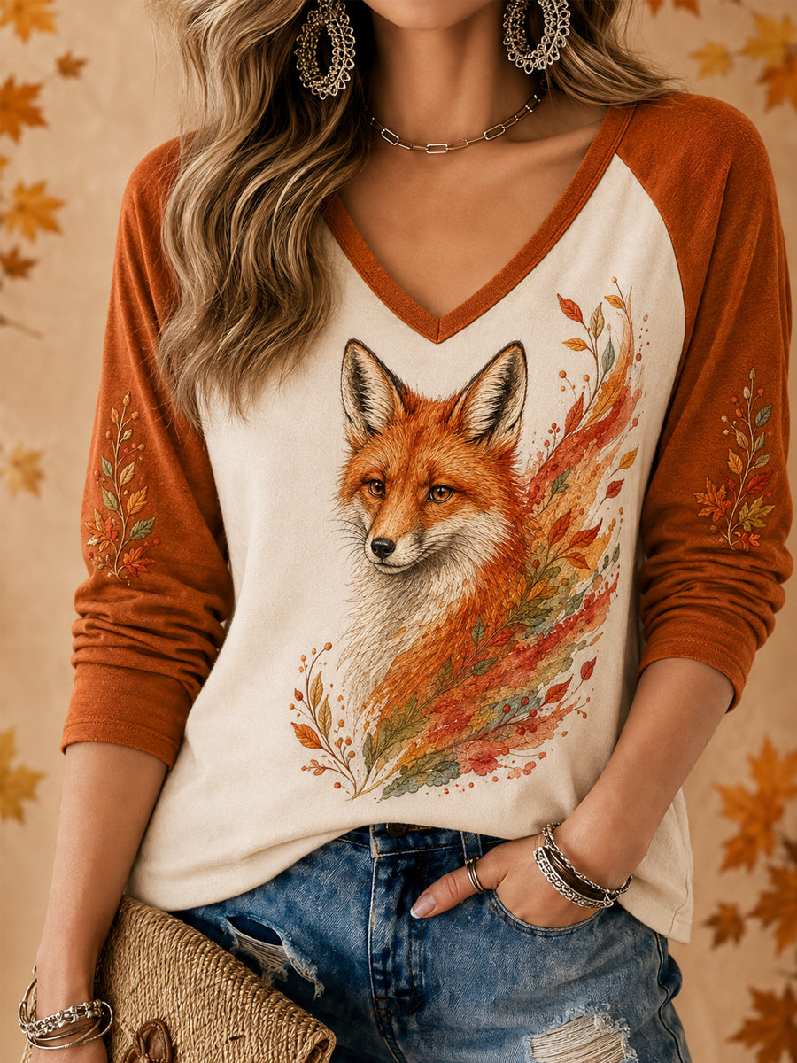 Damen-Herbst-Fox-Print-Langarm-T-Shirt