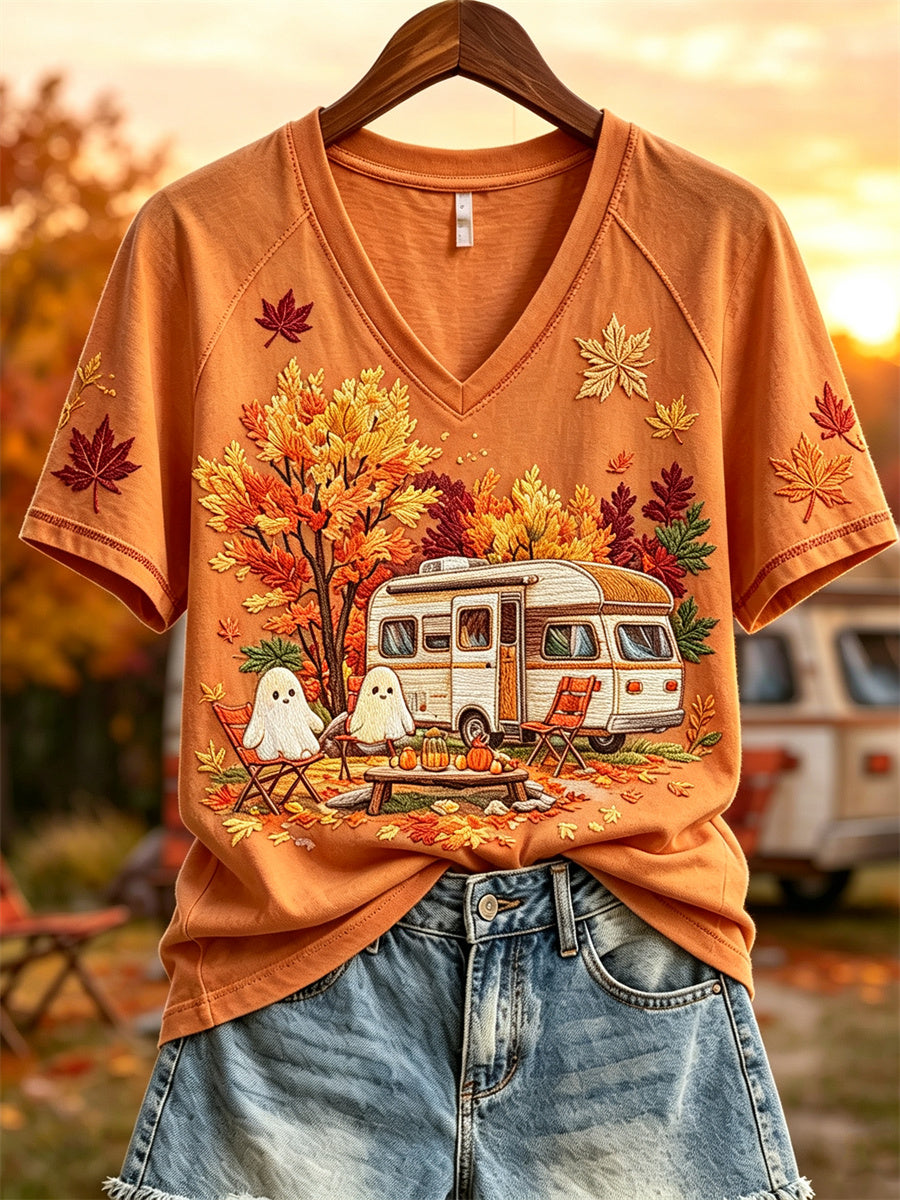 Damen-Halloween-Geister-Motiv mit Wohnmobil und Herbstlandschaft – Kurzarm-T-Shirt