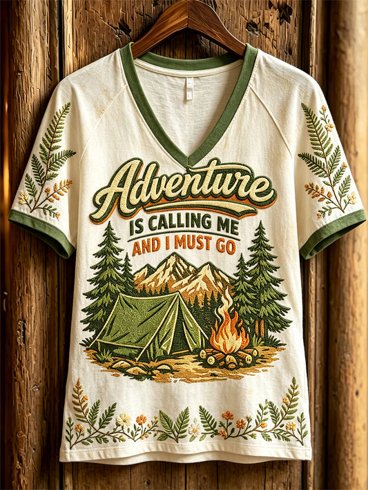 Damen-Herbst-Camping-Muster bedrucktes lässiges Kurzarm-T-Shirt