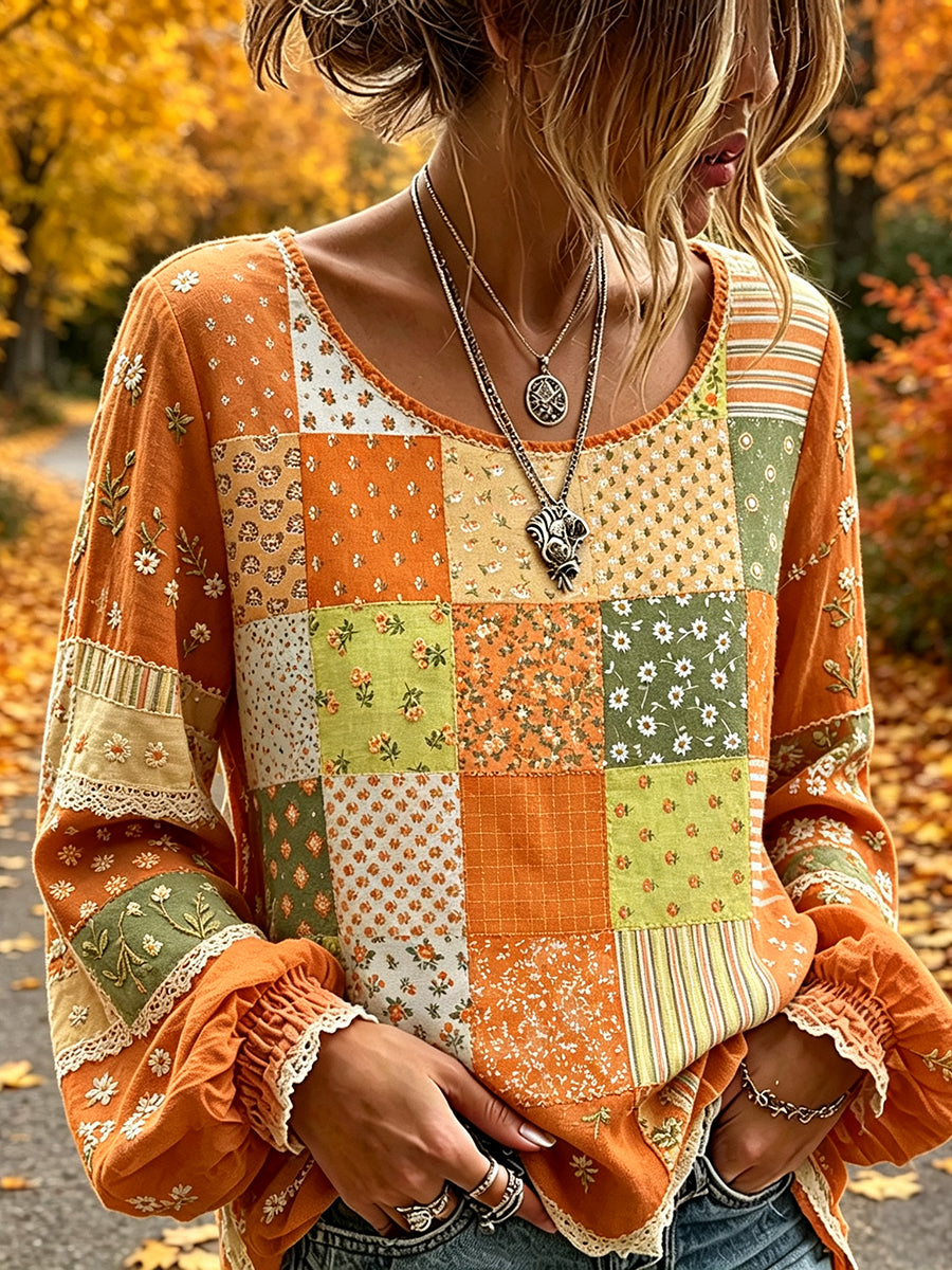 Damen-Herbst-Blumen-Patchwork-Print-Hemd aus Baumwolle