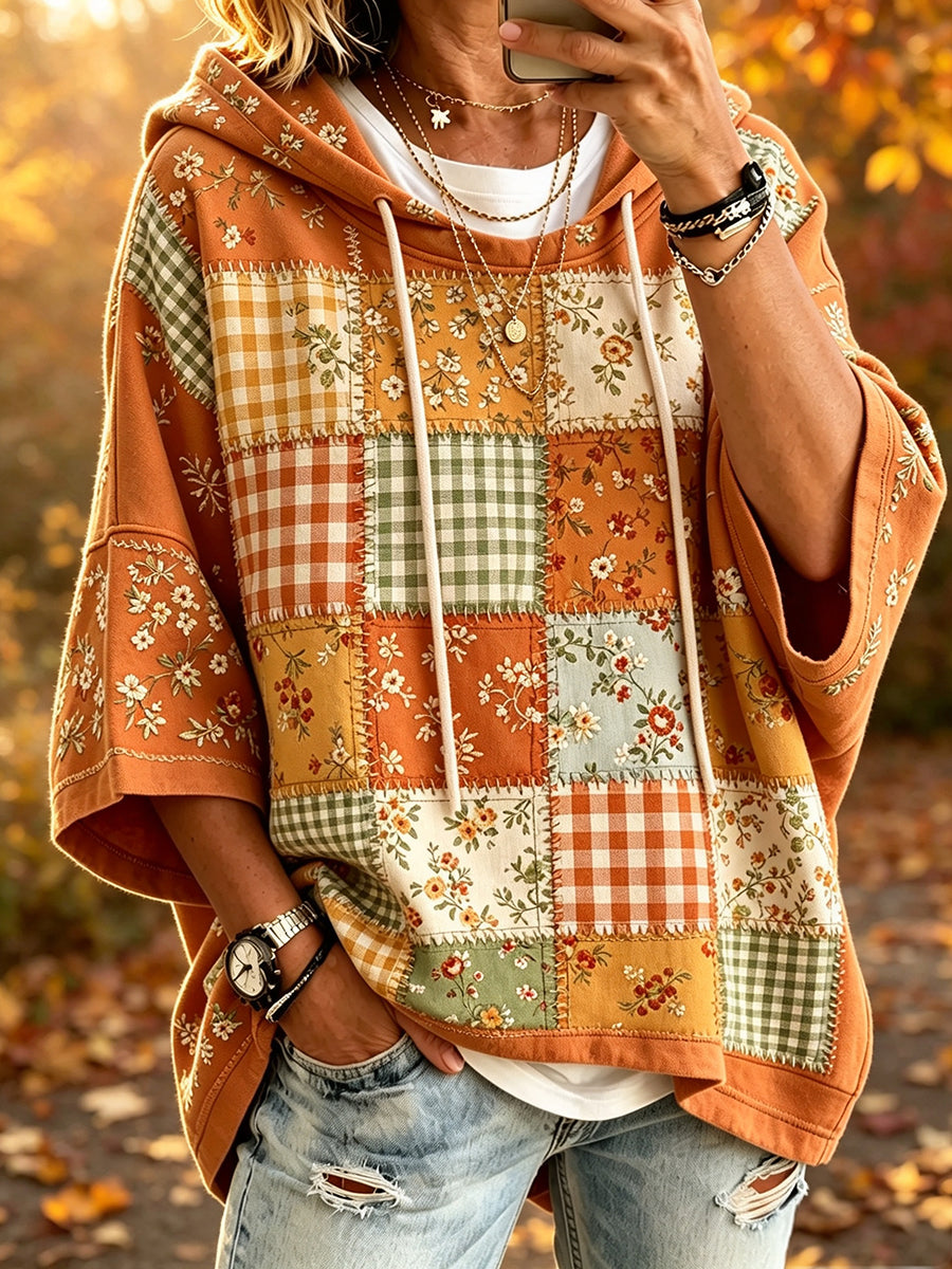 Damen Vintage Herbst Blumen Patchwork Print Gemütlicher Kurzarm Hoodie