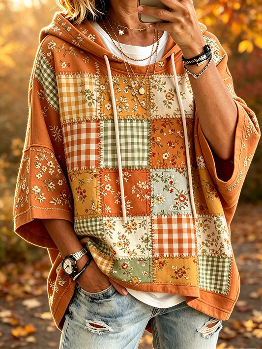 Damen Vintage Herbst Blumen Patchwork Print Gemütlicher Kurzarm Hoodie