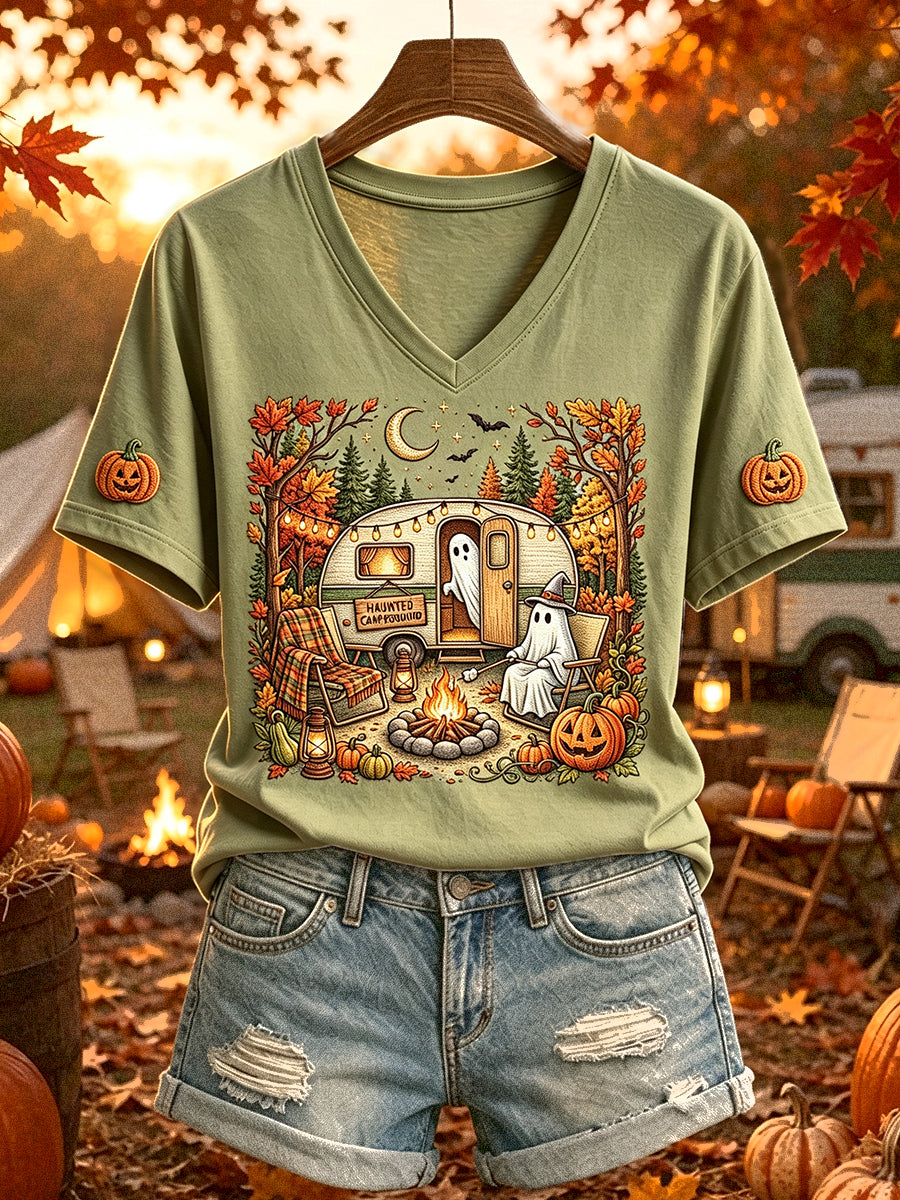 Frauen-Halloween-Geist-Camping-Print-T-Shirt mit kurzen Ärmeln