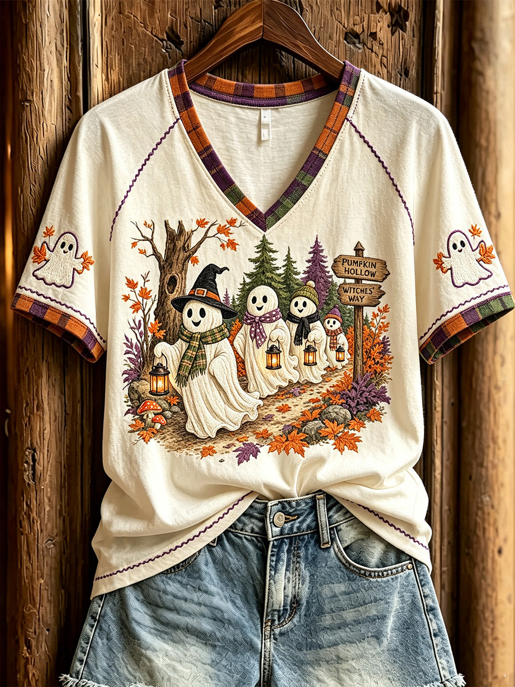 Damen-T-Shirt mit niedlichem Geistermuster, lässig, kurzärmlig