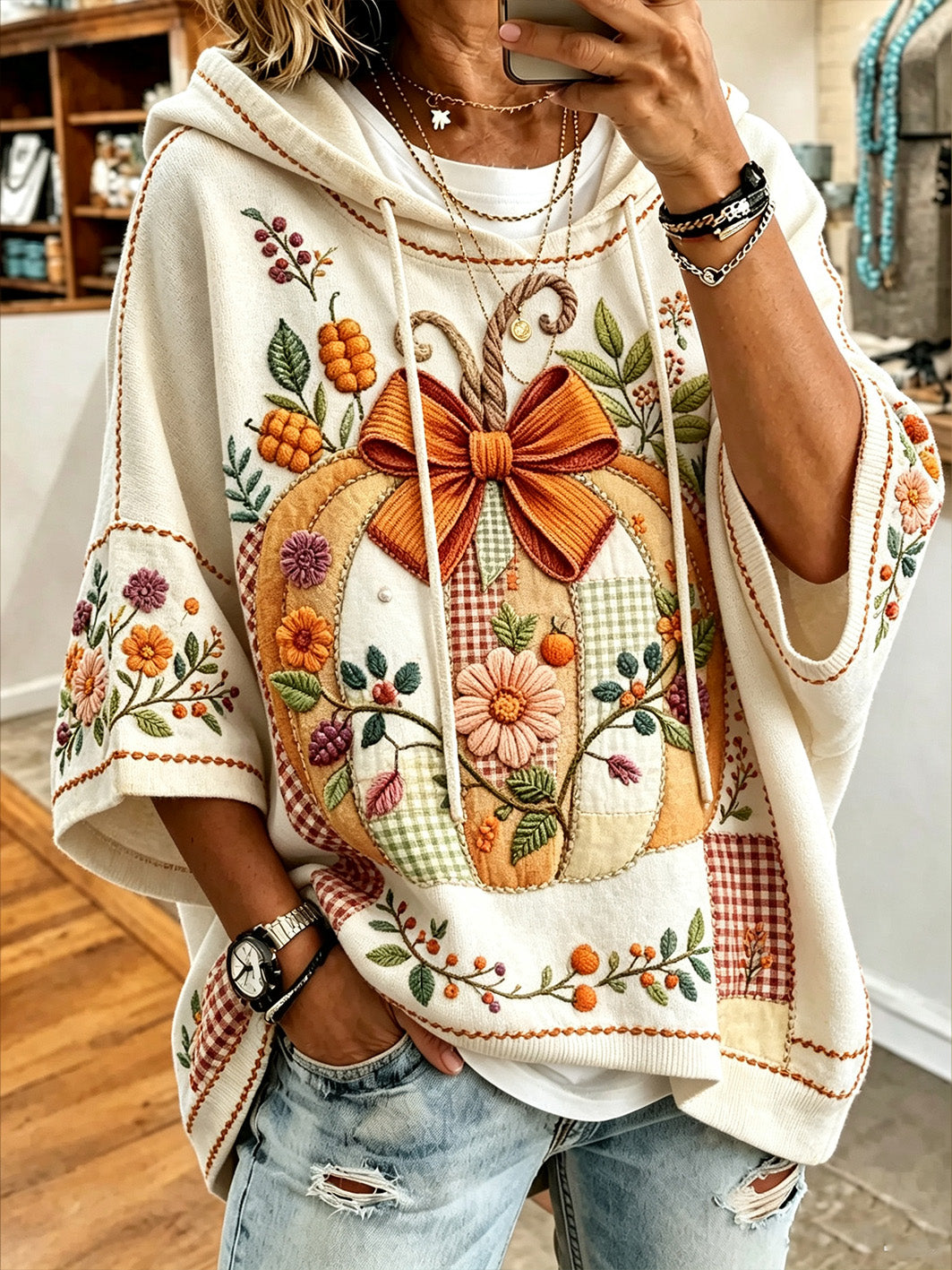 Damen-Herbst-Kürbis-Muster bedruckt Freizeit-Kurzarm-Hoodie