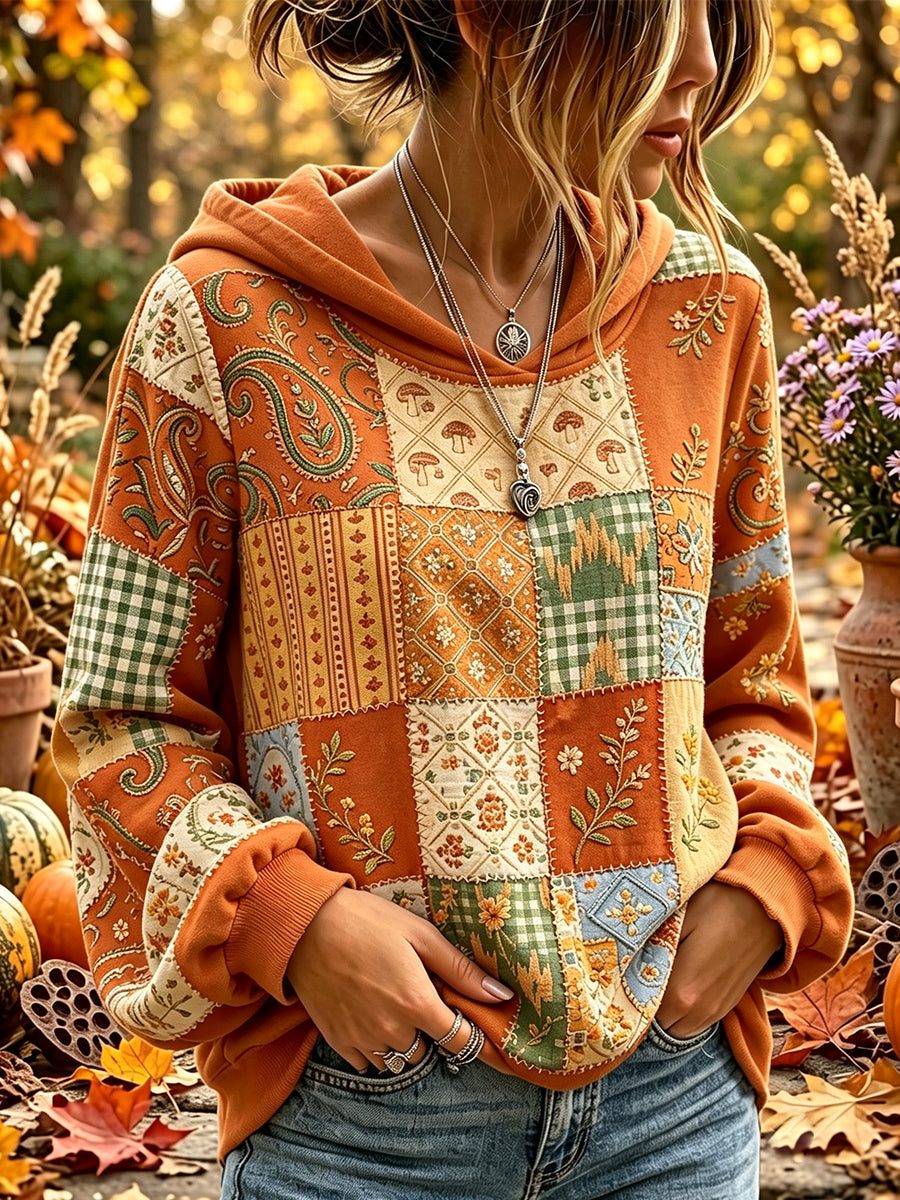 Damen Vintage Herbst Blumen Patchwork Print bequemes Kapuzen-Sweatshirt