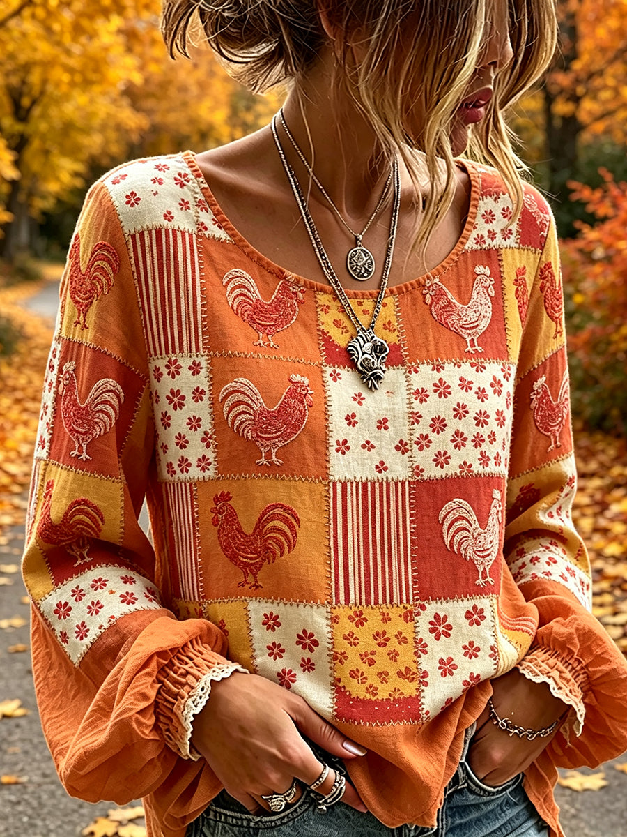 Damen Vintage Chick Floral Patchwork Print Baumwoll-Leinen hemd