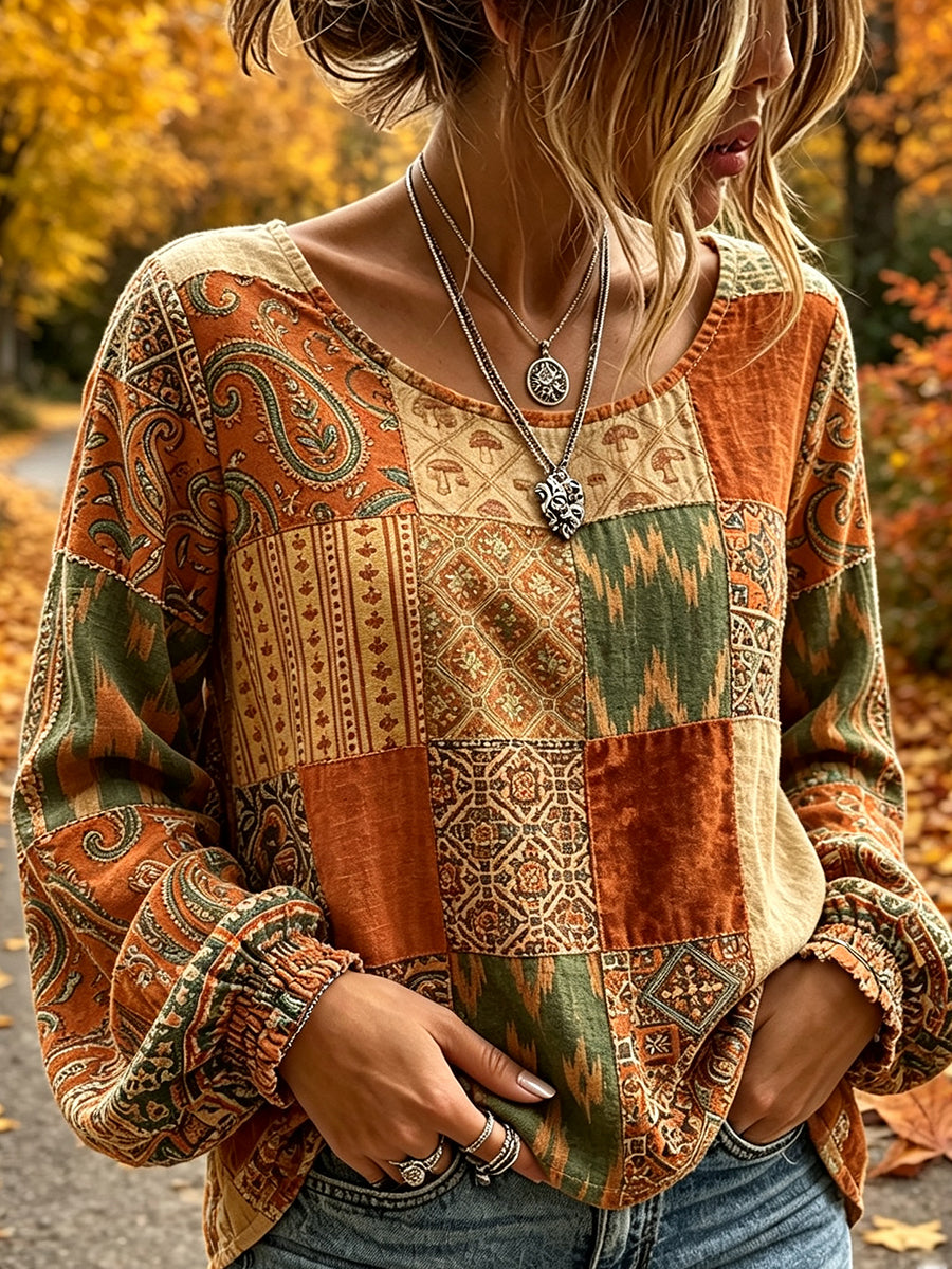 Damen-Weinlese-Herbst-Shirt aus Baumwolle-Leinen im ethnischen Patchwork-Print